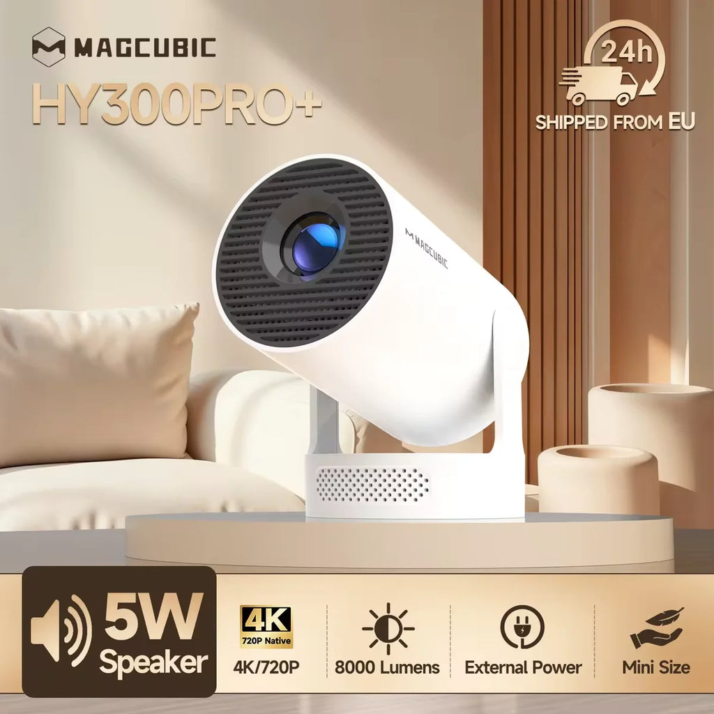 Magcubic HY300 Pro+ 4K draagbare projector met Android 11, 8000 lumen, WiFi 6, Bluetooth 5.4, buitenbioscoop, 5W HiFi-speaker, 720P HD-ondersteuning.